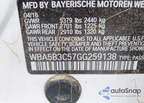 2016 BMW 535I xDrive z USA, uszkodzony, nr VIN WBA5B3C57GG259138